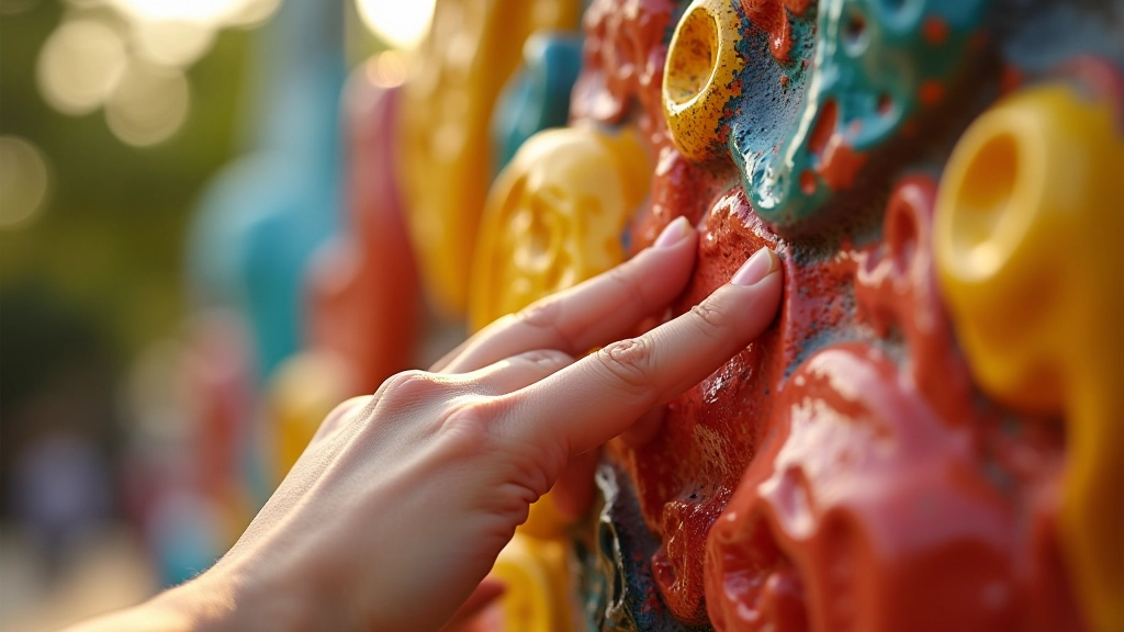 Detalle de textura y color de una escultura con mano tocándola suavemente