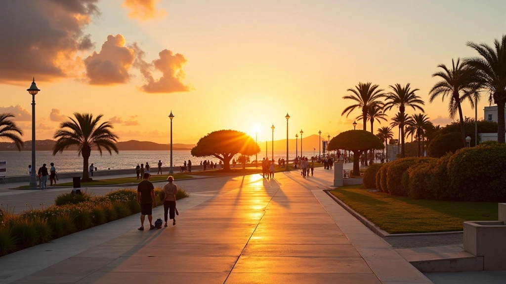 Vista panorámica del Paseo de la Princesa al atardecer con luces y plazas